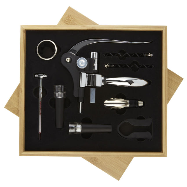 9-piece wine set box from Custom Wood Designs, includes wine glasses and accessories in a stylish wooden storage pack.