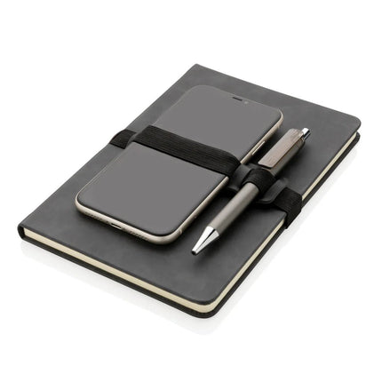 Deluxe hardcover PU notebook A5 with phone and pen holder - hospitality