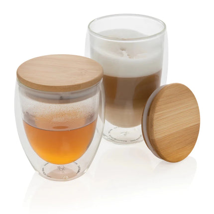 Double wall borosilicate glass with bamboo lid 250ml 2pc set - hospitality