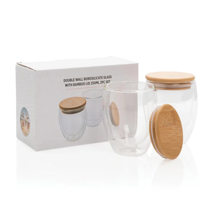 Double wall borosilicate glass with bamboo lid 250ml 2pc set - hospitality