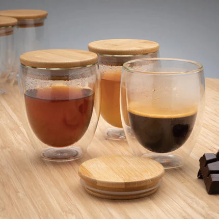 Double wall borosilicate glass with bamboo lid 250ml 2pc set - hospitality