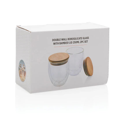 Double wall borosilicate glass with bamboo lid 250ml 2pc set - hospitality