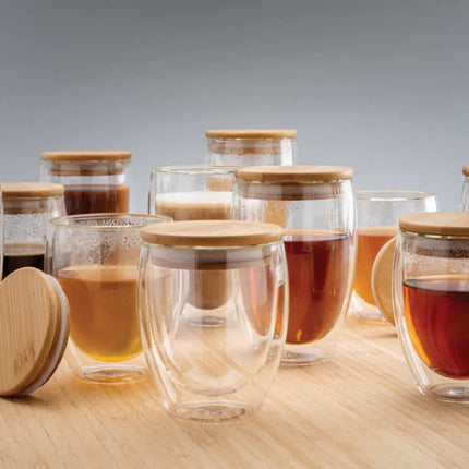 Double wall borosilicate glass with bamboo lid 350ml 2pc set - hospitality