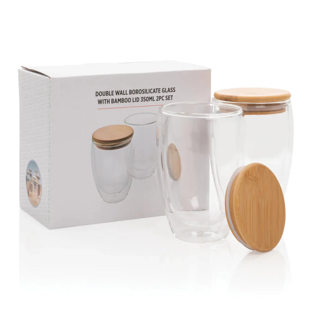 Double wall borosilicate glass with bamboo lid 350ml 2pc set - hospitality