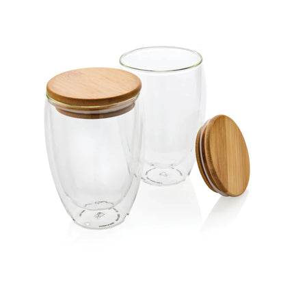 Double wall borosilicate glass with bamboo lid 350ml 2pc set - hospitality