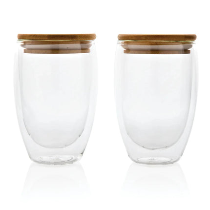 Double wall borosilicate glass with bamboo lid 350ml 2pc set - hospitality