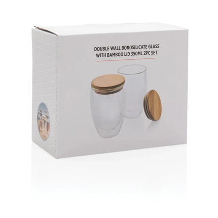 Double wall borosilicate glass with bamboo lid 350ml 2pc set - hospitality