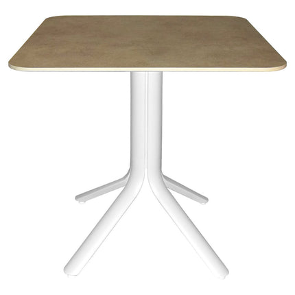 Stello 4 bistro table 80x80 cm, cotton white aluminium base with stone effect compact laminate top – contract grade for restaurant and café terraces