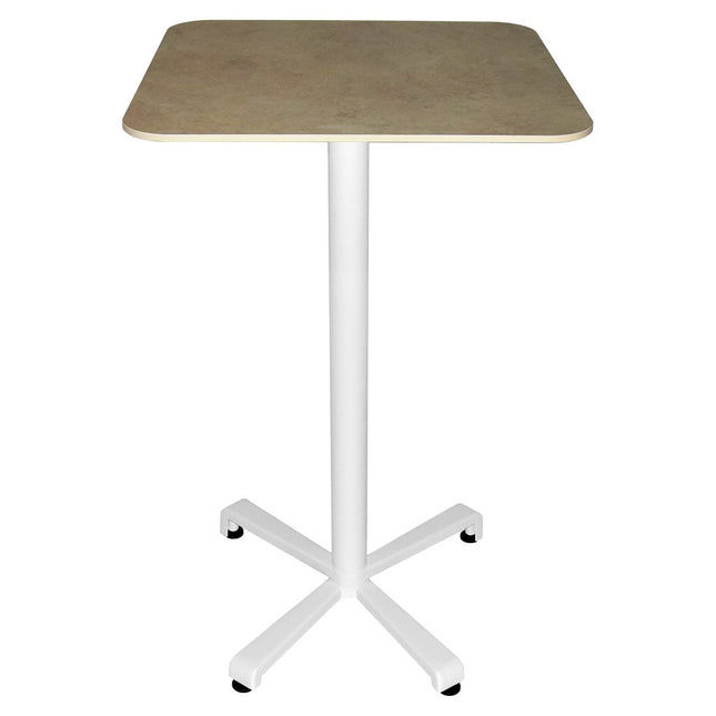 Sydney high table 70x70 cm, cotton white aluminium base with stone effect compact laminate top – contract grade for restaurant and café terraces