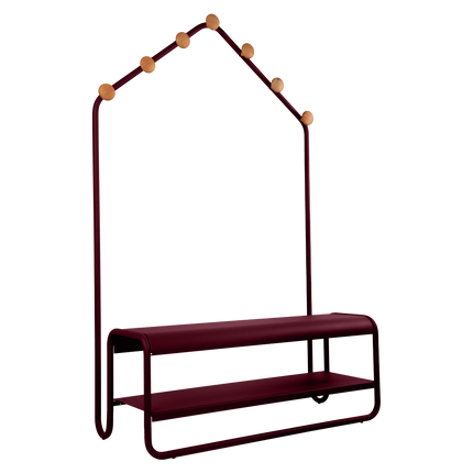 Fermob Funambule Cloakroom Bench with Coat Pegs in Black Cherry – outdoor bench for hotels & restaurants, Ireland