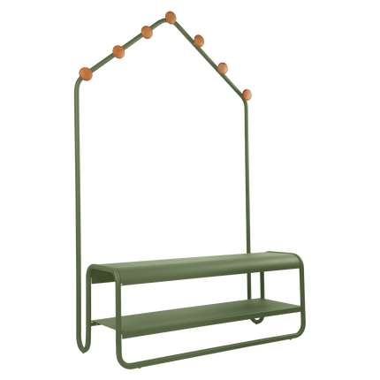 Fermob Funambule Cloakroom Bench with Coat Pegs in Cactus – outdoor bench for hotels & restaurants, Ireland