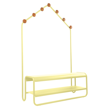 Fermob Funambule Cloakroom Bench with Coat Pegs in Frosted Lemon – outdoor bench for hotels & restaurants, Ireland