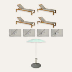Fermob 'Garinish Garden' Ibiza Teak Sunlounger Terrace Set – 4 Teak Sun Beds, 4 Color Mix Fouta Towels, Shadoo Ø250 Parasol and 30 kg Base | Hospitality Trade Pack – what is in the set
