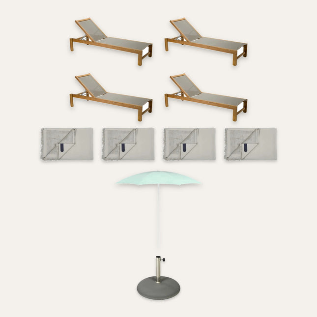 Fermob 'Garinish Garden' Ibiza Teak Sunlounger Terrace Set – 4 Teak Sun Beds, 4 Color Mix Fouta Towels, Shadoo Ø250 Parasol and 30 kg Base | Hospitality Trade Pack – what is in the set