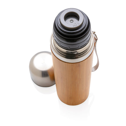 Set of 25 400ml bamboo vacuum travel bottles by Custom Wood Designs featuring branded logo on sleek, eco-friendly vacuum flask.