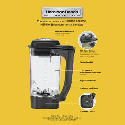 Hamilton Beach Commercial 1.4L BPA-free Tritan blender jug for Rio, Tango, Expeditor blenders, durable and clear plastic container