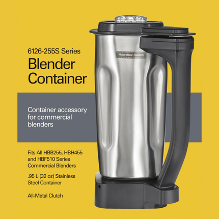 Hamilton Beach Commercial 0.95L stainless steel blender jug for Rio blender, showing a sleek, durable container with a handle.