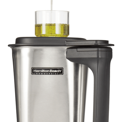 Stainless steel blender jug for Hamilton Beach Commercial HBF510 and HBH455 models, 1.8L capacity, with handle and secure lid.