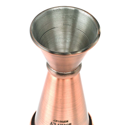 BarFly Japanese Style Jigger bar measure in antique copper, 20 ml and 40 ml capacity, with a sleek, traditional design.