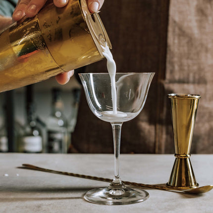 BarFly gold-plated Japanese style bar measure jigger, 20 ml and 40 ml, showing its elegant design for precise cocktail pouring.