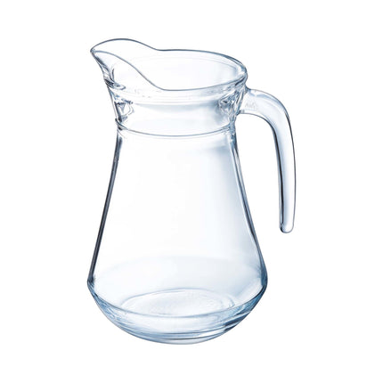 Arcoroc 1300ml glass arc jug with a sleek, curved design and clear transparent body for serving beverages.