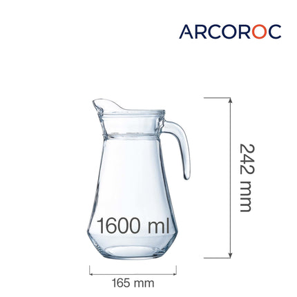 Arcoroc 1600ml Arc jug with clear glass body and sturdy handle for pouring and serving beverages.