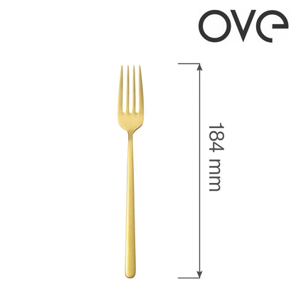 Amarone Gold dessert fork by OVE, 184 mm, featuring polished gold finish and elegant design for dessert serving.