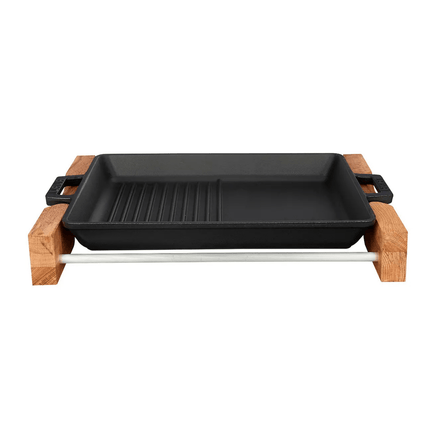 Griddle/Grill Duo Pan, integral metal handles and wooden service stand. dim. 26x32cm., 2290ml