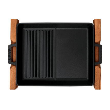 Griddle/Grill Duo Pan, integral metal handles and wooden service stand. dim. 26x32cm., 2290ml
