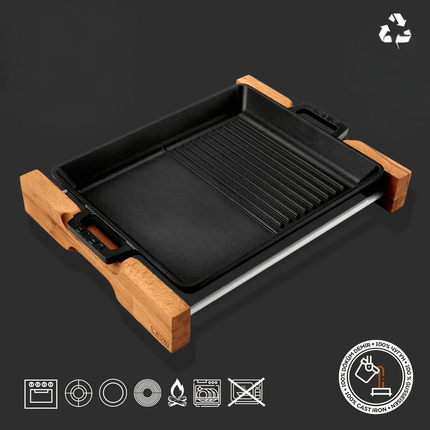 Griddle/Grill Duo Pan, integral metal handles and wooden service stand. dim. 26x32cm., 2290ml