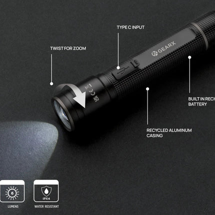 Gear X RCS recycled aluminum USB-rechargeable torch - hospitality