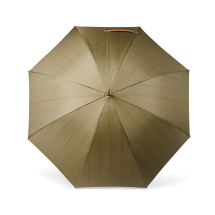 Set of 25 23-inch rain umbrellas with greige canopies and wood handles by Custom Wood Designs.