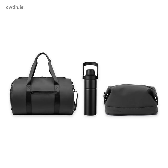 'New Member' Kit – Sporter Gym Bag, Trek Recycled Steel Bottle and Nubuck Wash Bag in Black | Hospitality Trade Pack – what is in the kit
