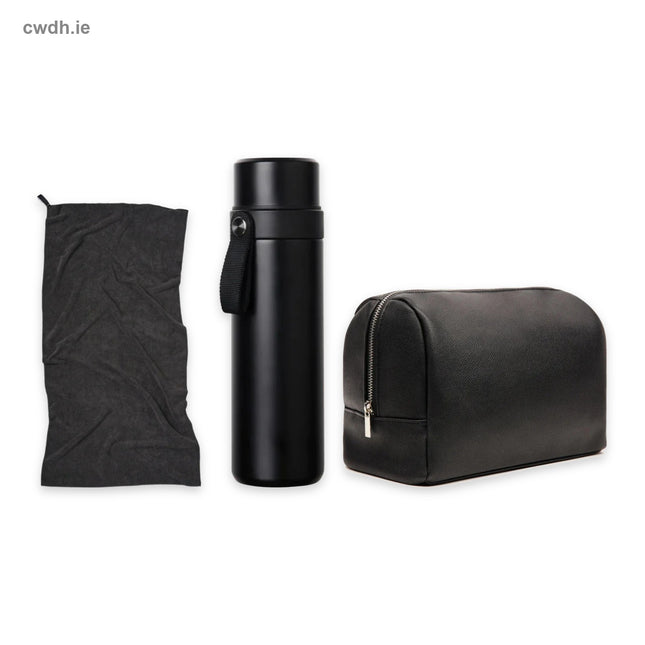 'Spa Weekend' Kit – Active Dry Microfibre Towel, Tono Double-Cup Thermos and Bermon Toiletry Bag in Black | Hospitality Trade Pack – what is in the kit