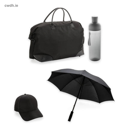'Rainy Day' Kit – Weekend Bag, Leakproof Bottle, Sports Cap and 23" Storm-Proof Umbrella in Black | Hospitality Trade Pack – what is in the kit