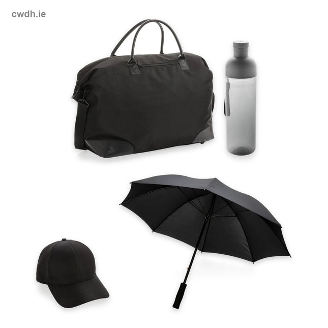 'Rainy Day' Kit – Weekend Bag, Leakproof Bottle, Sports Cap and 23" Storm-Proof Umbrella in Black | Hospitality Trade Pack – what is in the kit