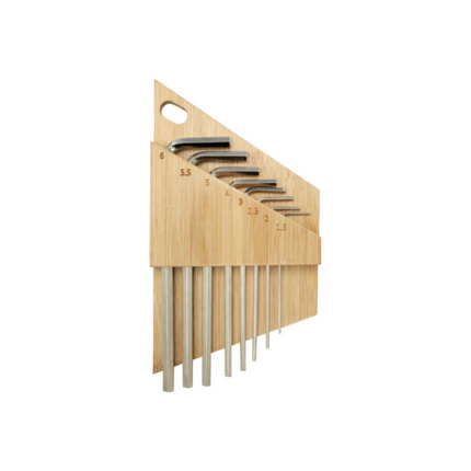 Set of 50 Allen bamboo hex key tools in a wooden case, made by Custom Wood Designs, shown arranged neatly in the image.