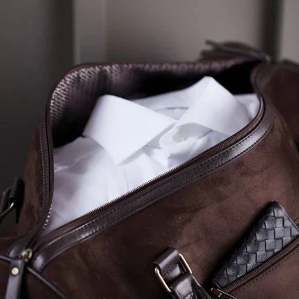 Hunto Collection Suede Weekend Bag With Brass Accents - hospitality