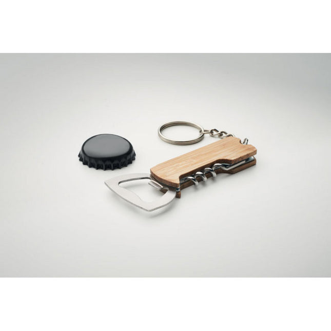 Set of 100 Custom Wood Designs 3-in-1 pocket tool keyrings with branded logo for corporate gifting, compact and practical.
