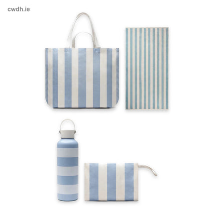 'Beach Day' Kit – Striped Canvas Beach Bag, Recycled-Cotton Beach Towel, Vacuum Bottle and Essentials Bag in Light Blue | Hospitality Trade Pack – what is in the kit