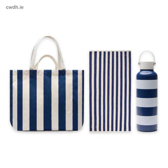 'Boat Day' Kit – Striped Canvas Beach Bag, Recycled-Cotton Beach Towel and Vacuum Bottle in Navy | Hospitality Trade Pack – what is in the kit