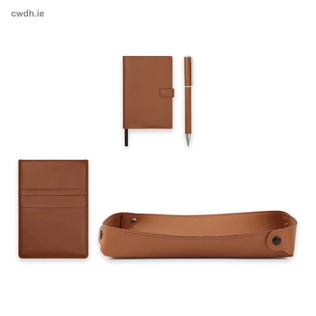 'Conference Day' Kit – PU/RPET Notebook, Recycled Aluminium Pen, 14-inch Laptop Sleeve and Desk Tray in Brown | Hospitality Trade Pack – what is in the kit
