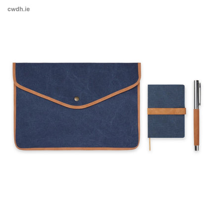 'Daily Commute' Kit – 16-inch Recycled Canvas Laptop Sleeve, A5 Canvas Notebook and Recycled Steel Pen in Navy | Hospitality Trade Pack – what is in the kit