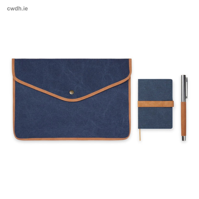 'Daily Commute' Kit – 16-inch Recycled Canvas Laptop Sleeve, A5 Canvas Notebook and Recycled Steel Pen in Navy | Hospitality Trade Pack – what is in the kit