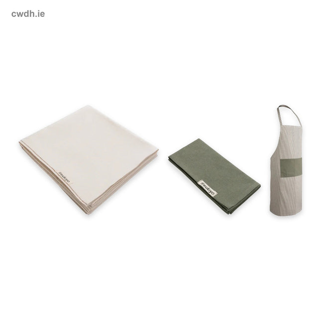 'Garden Party' Kit – Recycled-Cotton Tablecloth, Set of 4 Napkins and Deluxe Apron in Green & Off White | Hospitality Trade Pack – what is in the kit