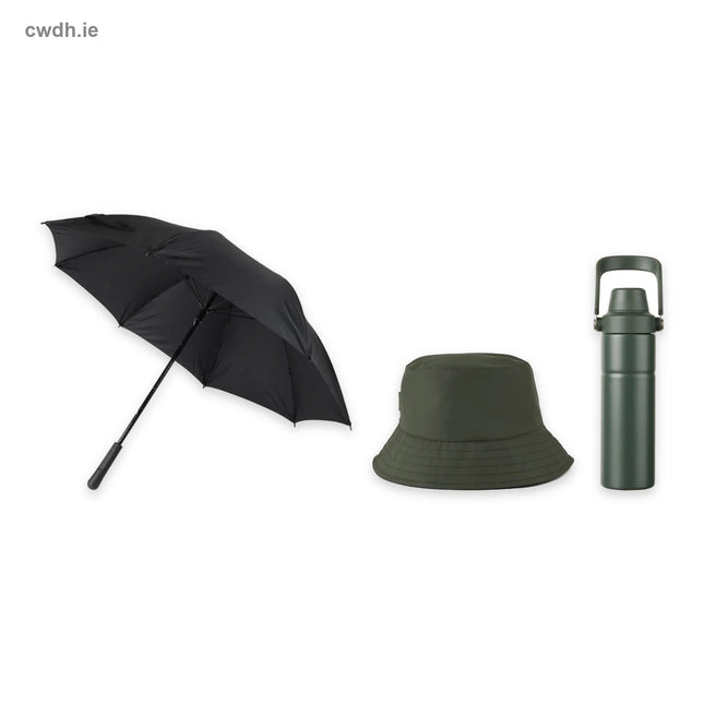 'Golf Day' Kit – 23-inch Umbrella, Recycled PET Bucket Hat and Trek Recycled Steel Bottle in Green | Hospitality Trade Pack – what is in the kit