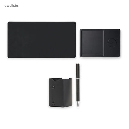 'Home Office' Kit – PU Desk Pad, Desk Tray with Wireless Charger, Pen Holder and Recycled Aluminium Pen in Black | Hospitality Trade Pack – what is in the kit