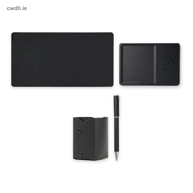 'Home Office' Kit – PU Desk Pad, Desk Tray with Wireless Charger, Pen Holder and Recycled Aluminium Pen in Black | Hospitality Trade Pack – what is in the kit