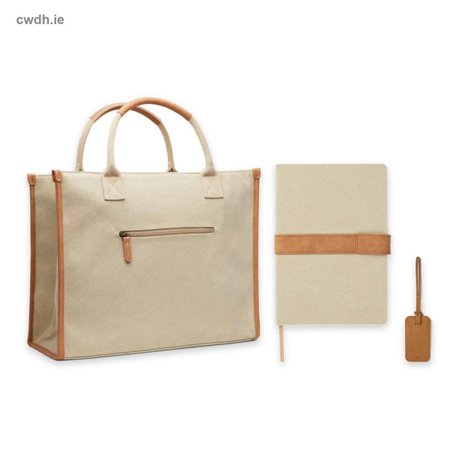 'Market Day' Kit – Recycled Canvas Office Tote, A5 Canvas Notebook and Leather Luggage Tag in Beige | Hospitality Trade Pack – what is in the kit