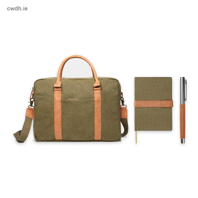 'New Starter' Kit – Recycled Canvas Laptop Bag, A5 Canvas Notebook and Recycled Steel Pen in Green | Hospitality Trade Pack – what is in the kit